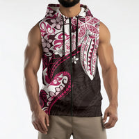 Monstera Plumeria Flowers Pink Sleeveless Zip Hoodie Polynesian Pattern