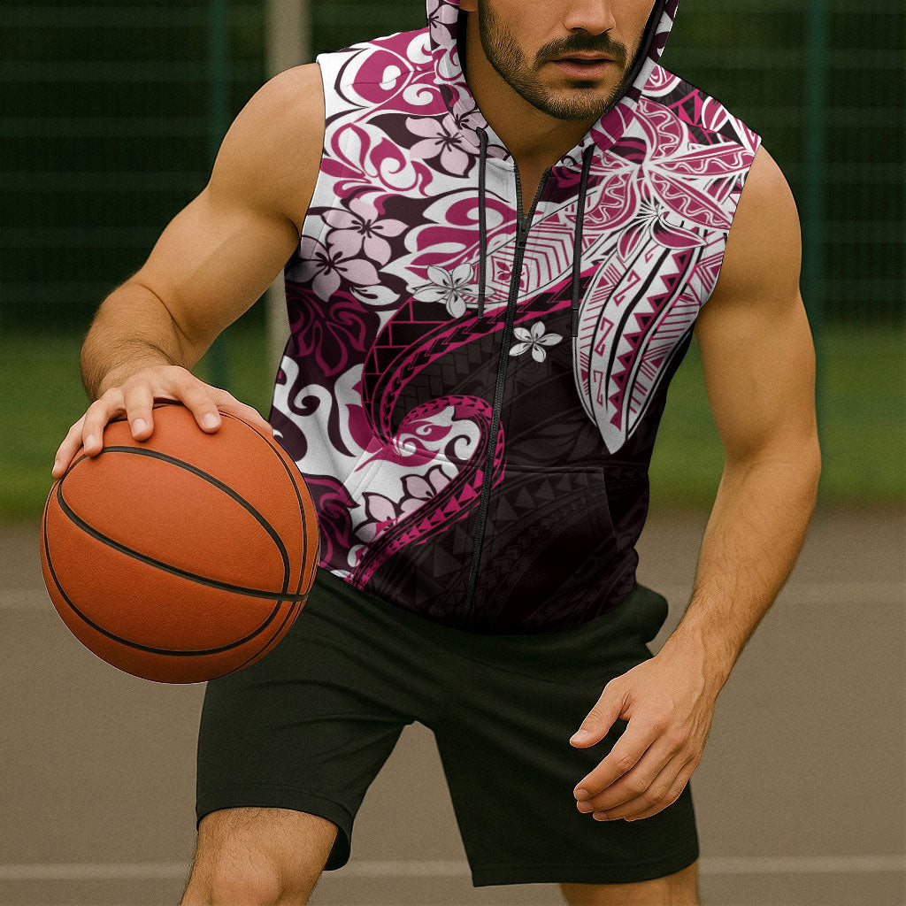 Monstera Plumeria Flowers Pink Sleeveless Zip Hoodie Polynesian Pattern