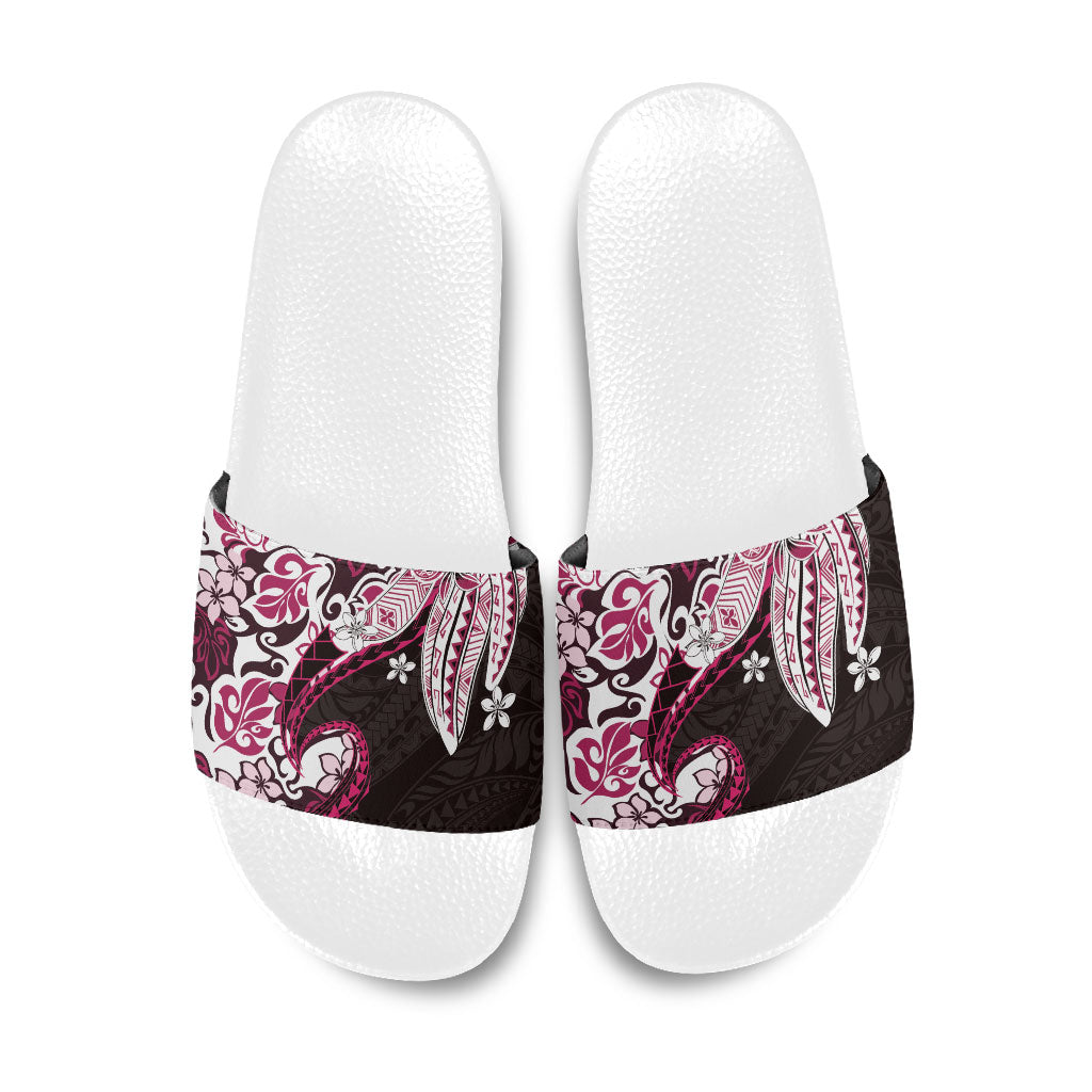 Monstera Plumeria Flowers Pink Slide Sandals Polynesian Pattern