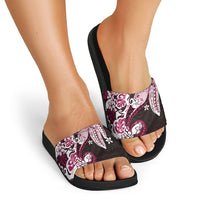 Monstera Plumeria Flowers Pink Slide Sandals Polynesian Pattern