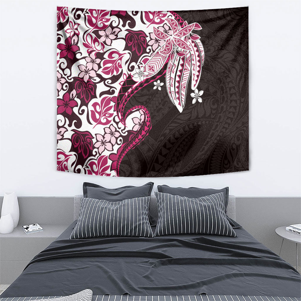 Monstera Plumeria Flowers Pink Tapestry Polynesian Pattern