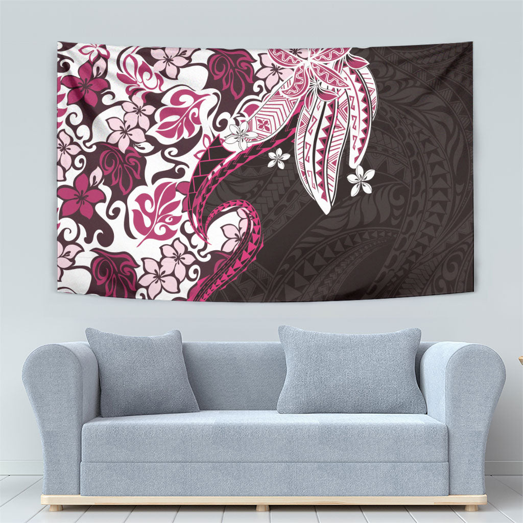 Monstera Plumeria Flowers Pink Tapestry Polynesian Pattern