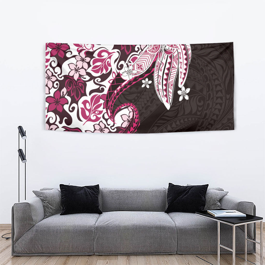 Monstera Plumeria Flowers Pink Tapestry Polynesian Pattern
