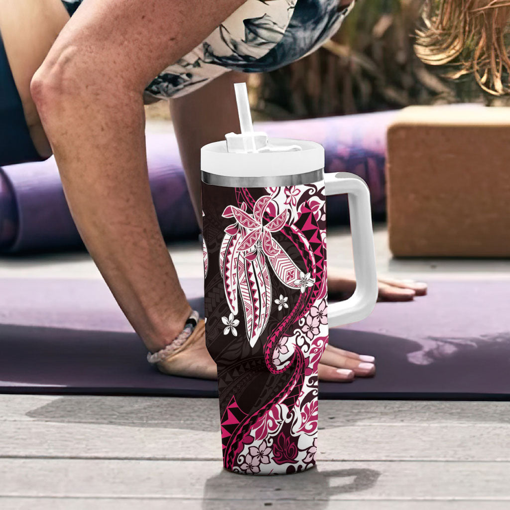 Monstera Plumeria Flowers Pink Tumbler With Handle Polynesian Pattern