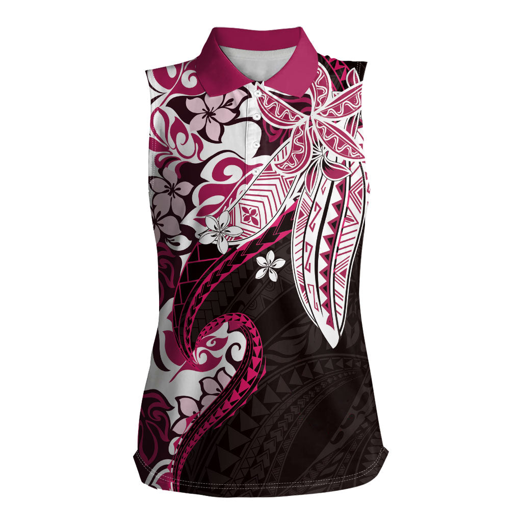 Monstera Plumeria Flowers Pink Women Sleeveless Polo Shirt Polynesian Pattern