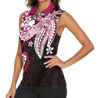 Monstera Plumeria Flowers Pink Women Sleeveless Polo Shirt Polynesian Pattern