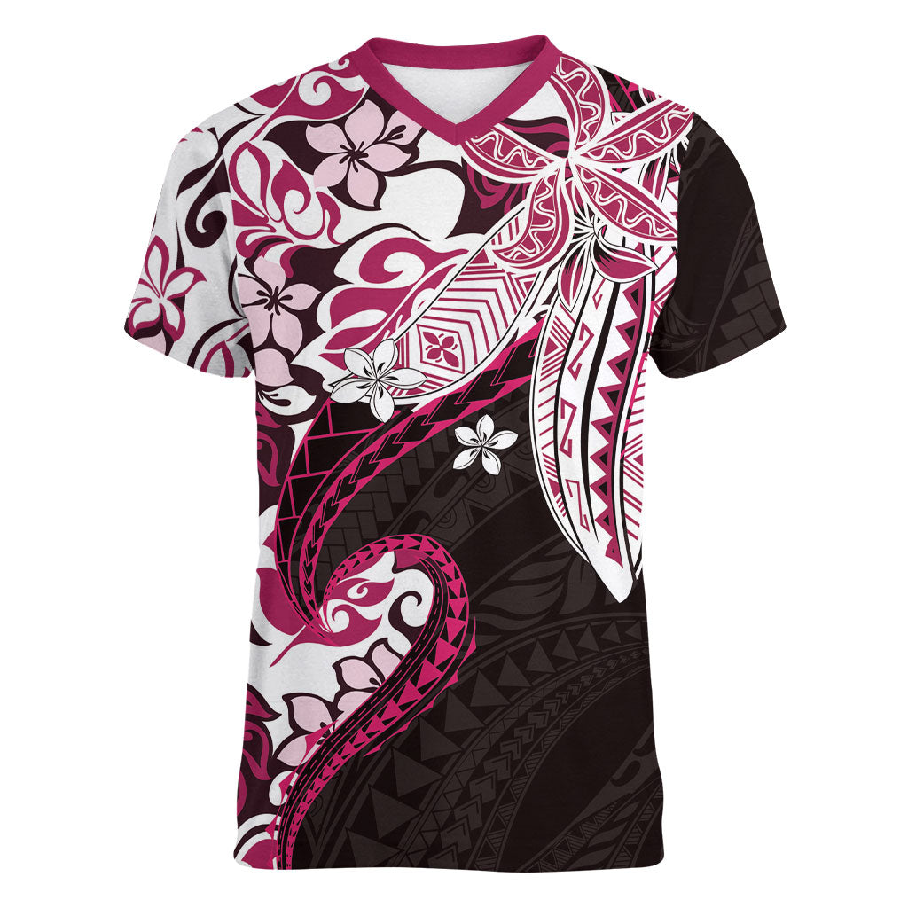 Monstera Plumeria Flowers Pink Women V-Neck T-Shirt Polynesian Pattern