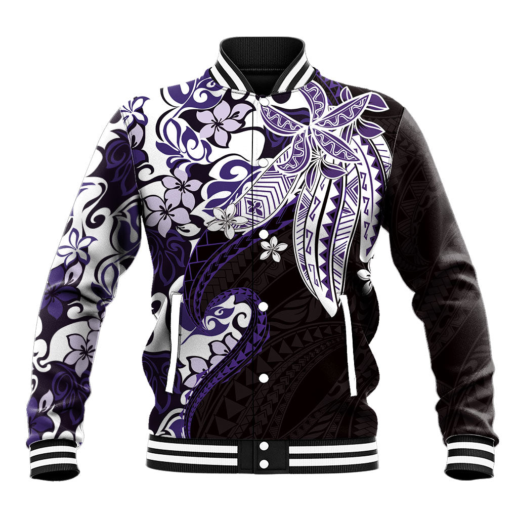Monstera Plumeria Flowers Purple Baseball Jacket Polynesian Pattern