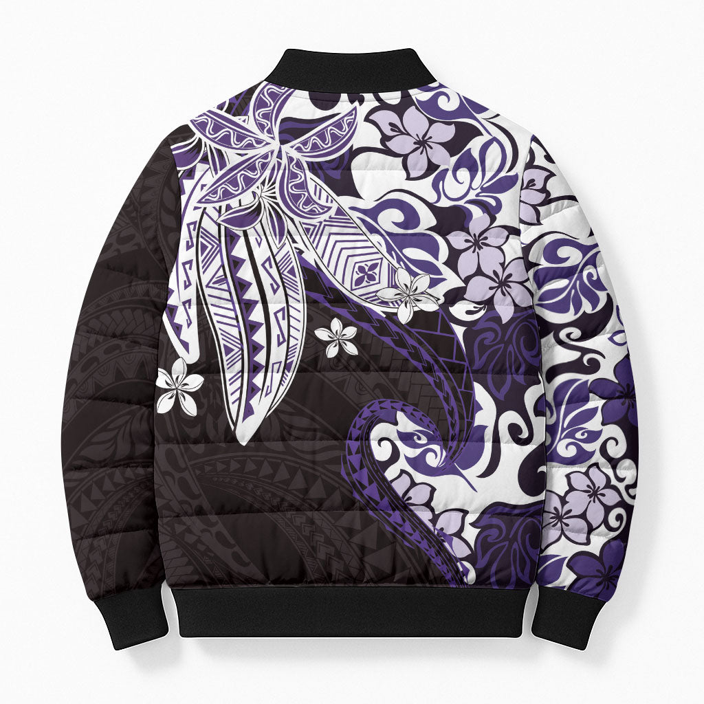 Monstera Plumeria Flowers Purple Bomber Puffer Jacket Polynesian Pattern