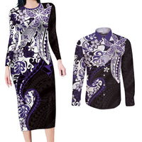 Monstera Plumeria Flowers Purple Couples Matching Long Sleeve Bodycon Dress and Long Sleeve Button Shirt Polynesian Pattern LT01 Purple - Polynesian Pride