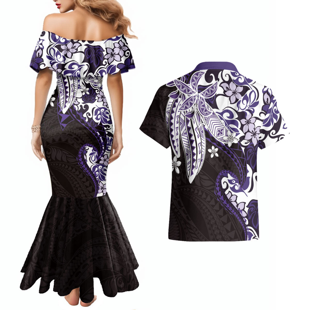 Monstera Plumeria Flowers Purple Couples Matching Mermaid Dress and Hawaiian Shirt Polynesian Pattern LT01 - Polynesian Pride