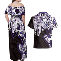 Monstera Plumeria Flowers Purple Couples Matching Off Shoulder Maxi Dress and Hawaiian Shirt Polynesian Pattern