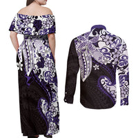 Monstera Plumeria Flowers Purple Couples Matching Off Shoulder Maxi Dress and Long Sleeve Button Shirt Polynesian Pattern