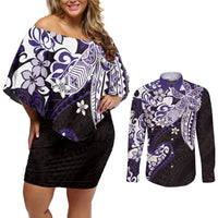Monstera Plumeria Flowers Purple Couples Matching Off Shoulder Short Dress and Long Sleeve Button Shirt Polynesian Pattern
