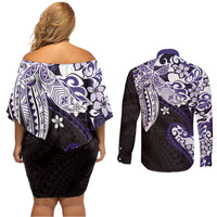 Monstera Plumeria Flowers Purple Couples Matching Off Shoulder Short Dress and Long Sleeve Button Shirt Polynesian Pattern