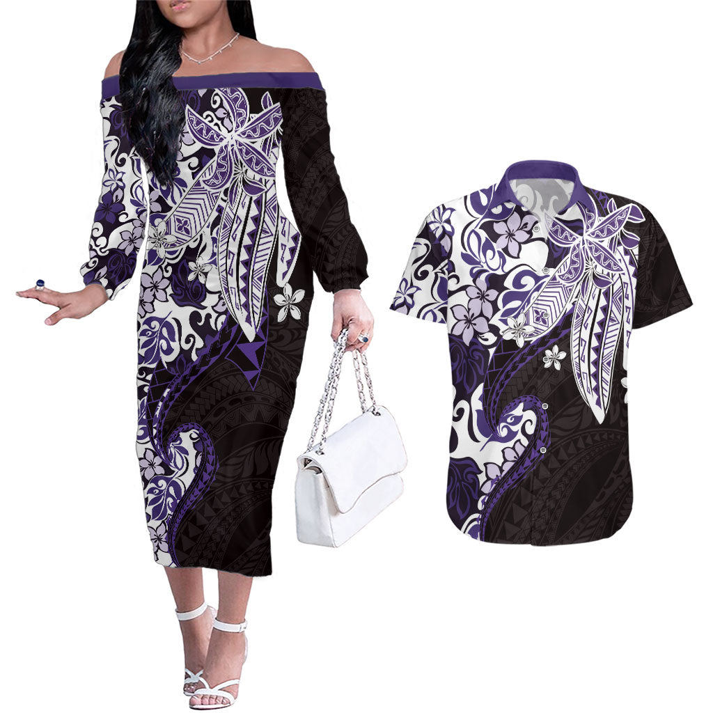 Monstera Plumeria Flowers Purple Couples Matching Off The Shoulder Long Sleeve Dress and Hawaiian Shirt Polynesian Pattern