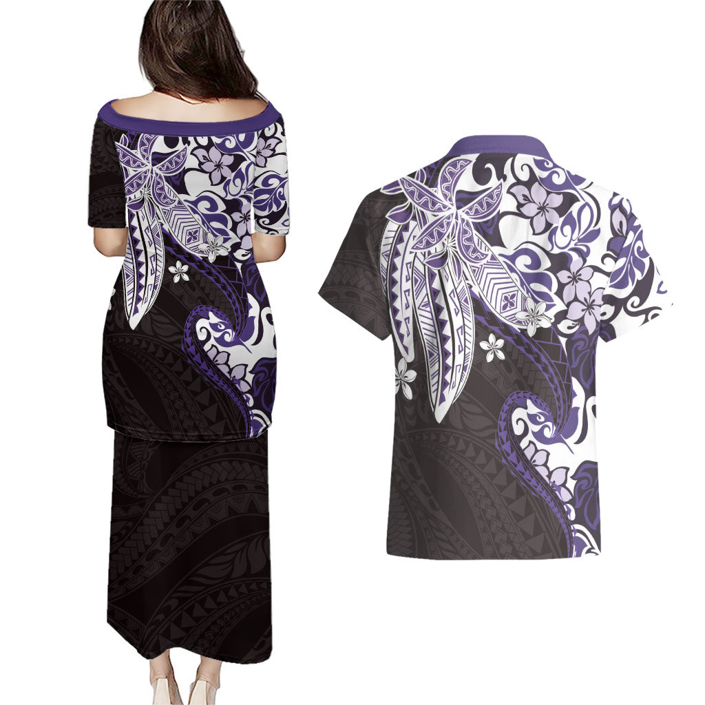 Monstera Plumeria Flowers Purple Couples Matching Puletasi and Hawaiian Shirt Polynesian Pattern