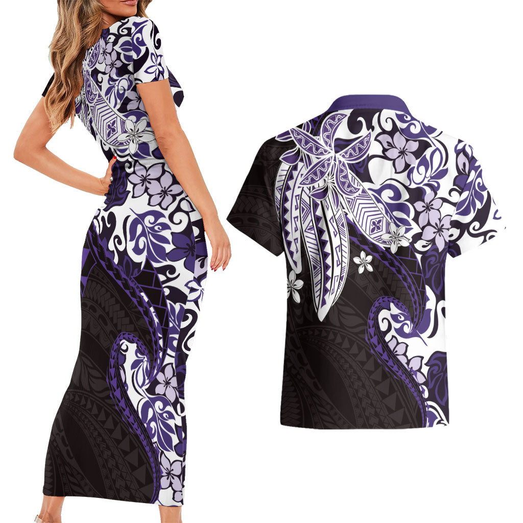 Monstera Plumeria Flowers Purple Couples Matching Short Sleeve Bodycon Dress and Hawaiian Shirt Polynesian Pattern LT01 - Polynesian Pride