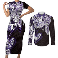 Monstera Plumeria Flowers Purple Couples Matching Short Sleeve Bodycon Dress and Long Sleeve Button Shirt Polynesian Pattern LT01 Purple - Polynesian Pride
