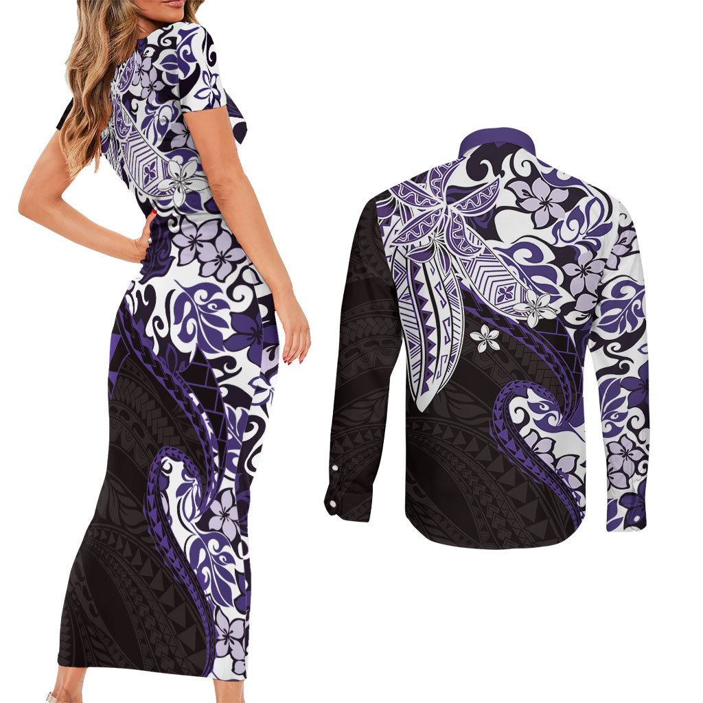 Monstera Plumeria Flowers Purple Couples Matching Short Sleeve Bodycon Dress and Long Sleeve Button Shirt Polynesian Pattern LT01 - Polynesian Pride