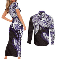 Monstera Plumeria Flowers Purple Couples Matching Short Sleeve Bodycon Dress and Long Sleeve Button Shirt Polynesian Pattern LT01 - Polynesian Pride