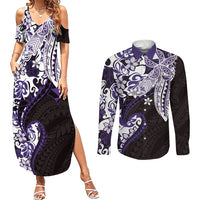 Monstera Plumeria Flowers Purple Couples Matching Summer Maxi Dress and Long Sleeve Button Shirt Polynesian Pattern