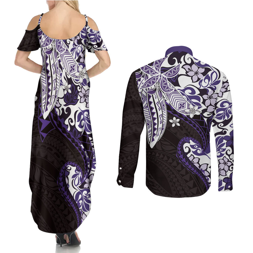 Monstera Plumeria Flowers Purple Couples Matching Summer Maxi Dress and Long Sleeve Button Shirt Polynesian Pattern