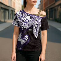 Monstera Plumeria Flowers Purple Cross Shoulder Shirt Polynesian Pattern