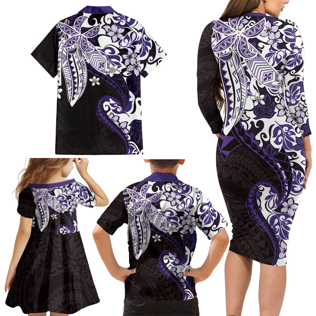 Monstera Plumeria Flowers Purple Family Matching Long Sleeve Bodycon Dress and Hawaiian Shirt Polynesian Pattern LT01 - Polynesian Pride