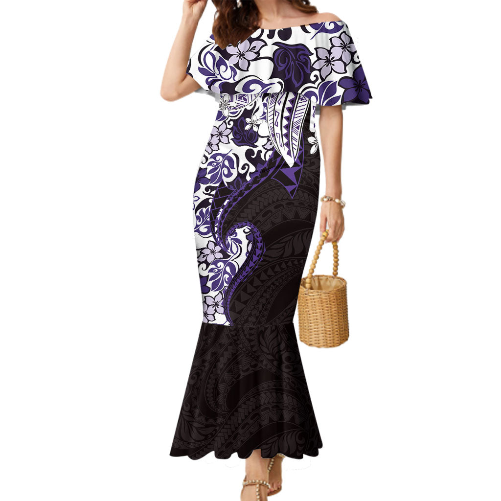 Monstera Plumeria Flowers Purple Family Matching Mermaid Dress and Hawaiian Shirt Polynesian Pattern LT01 Mom's Dress Purple - Polynesian Pride