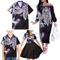 Monstera Plumeria Flowers Purple Family Matching Off The Shoulder Long Sleeve Dress and Hawaiian Shirt Polynesian Pattern LT01 - Polynesian Pride