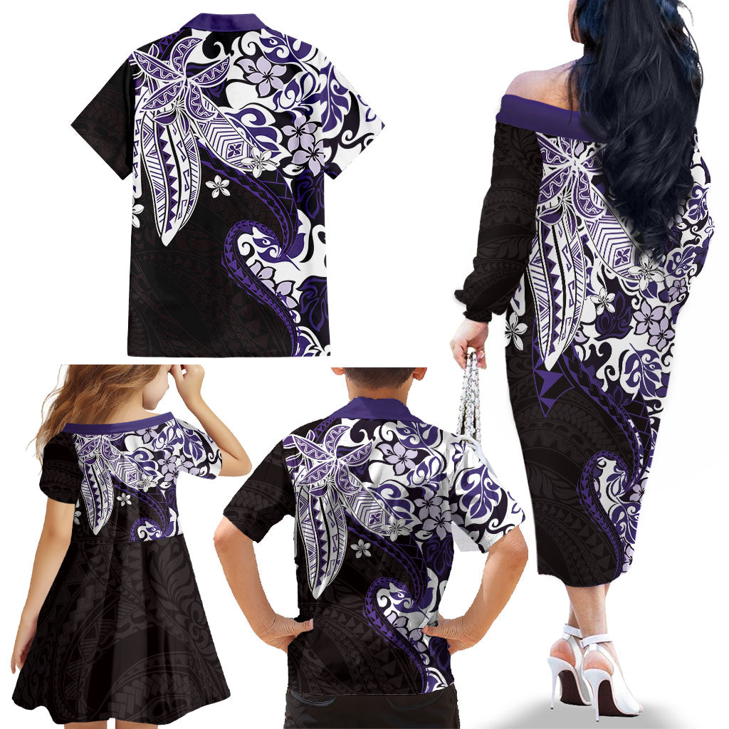 Monstera Plumeria Flowers Purple Family Matching Off The Shoulder Long Sleeve Dress and Hawaiian Shirt Polynesian Pattern LT01 - Polynesian Pride