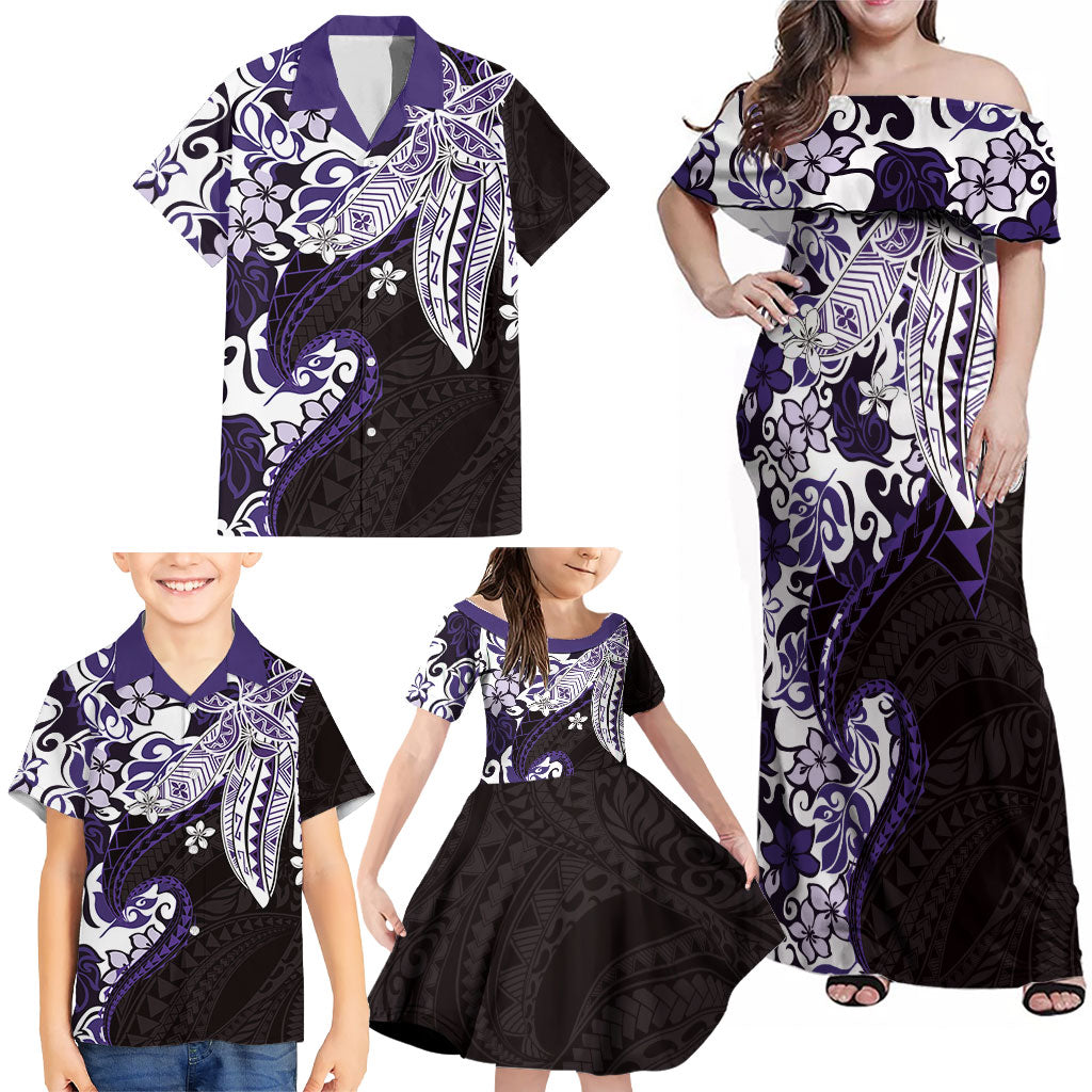 Monstera Plumeria Flowers Purple Family Matching Off Shoulder Maxi Dress and Hawaiian Shirt Polynesian Pattern LT01 - Polynesian Pride