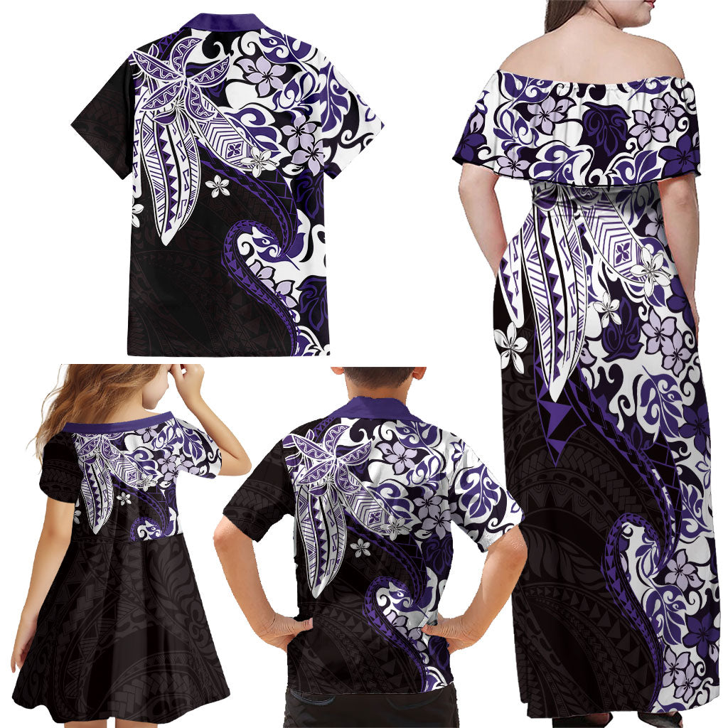 Monstera Plumeria Flowers Purple Family Matching Off Shoulder Maxi Dress and Hawaiian Shirt Polynesian Pattern LT01 - Polynesian Pride