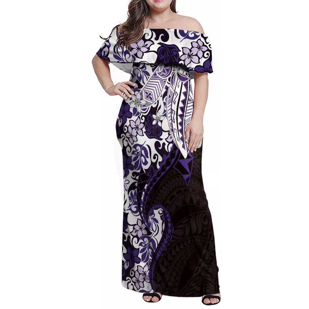 Monstera Plumeria Flowers Purple Family Matching Off Shoulder Maxi Dress and Hawaiian Shirt Polynesian Pattern LT01 Mom's Dress Purple - Polynesian Pride