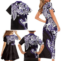 Monstera Plumeria Flowers Purple Family Matching Short Sleeve Bodycon Dress and Hawaiian Shirt Polynesian Pattern LT01 - Polynesian Pride