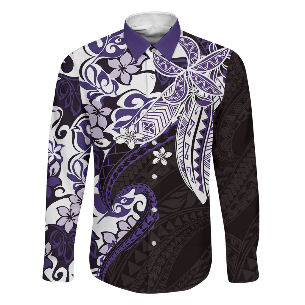 Monstera Plumeria Flowers Purple Family Matching Short Sleeve Bodycon Dress and Hawaiian Shirt Polynesian Pattern LT01 Dad's Shirt - Long Sleeve Purple - Polynesian Pride