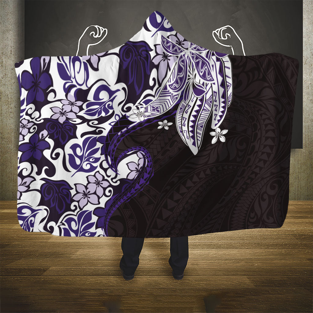 Monstera Plumeria Flowers Purple Hooded Blanket Polynesian Pattern