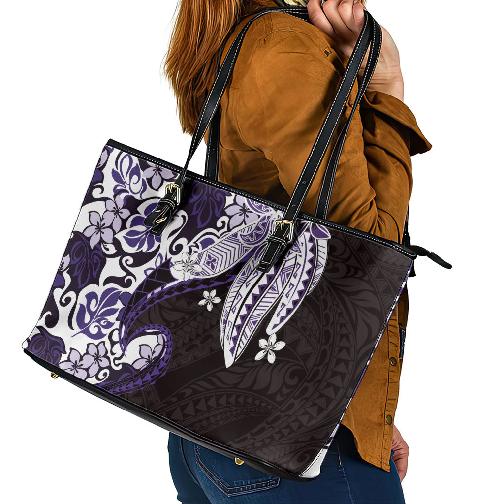 Monstera Plumeria Flowers Purple Leather Tote Bag Polynesian Pattern