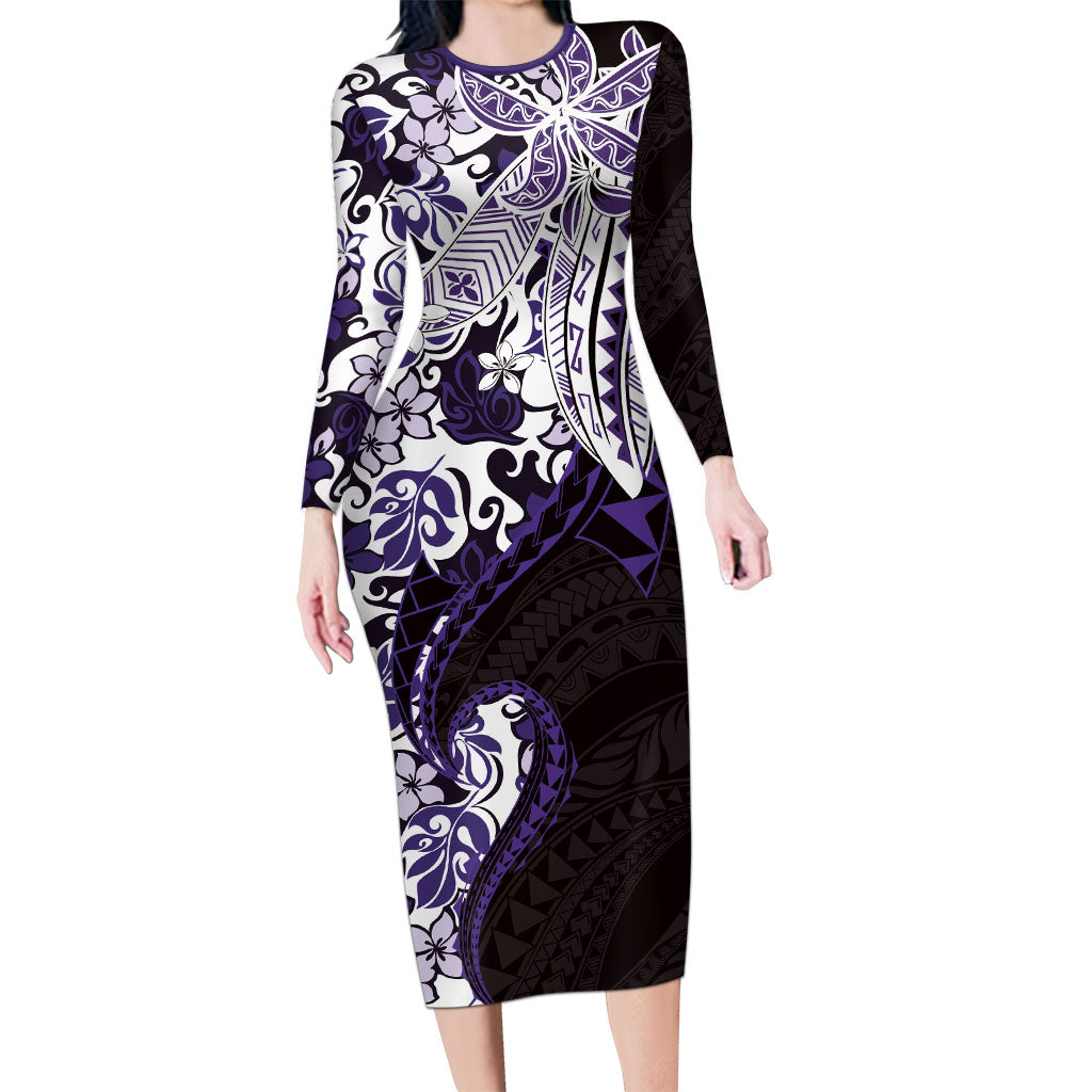 Monstera Plumeria Flowers Purple Long Sleeve Bodycon Dress Polynesian Pattern