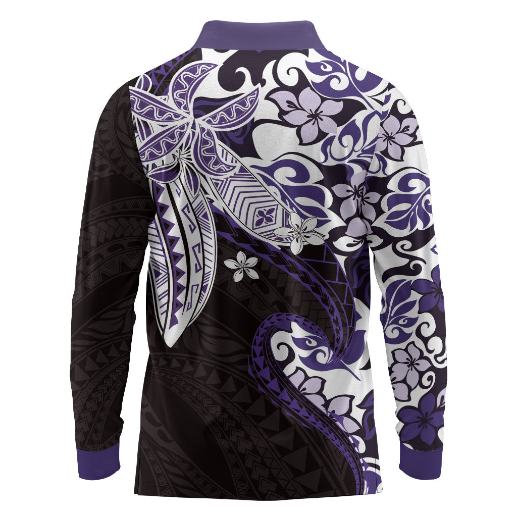 Monstera Plumeria Flowers Purple Long Sleeve Polo Shirt Polynesian Pattern