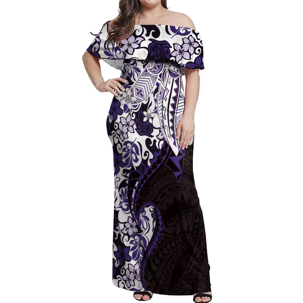 Monstera Plumeria Flowers Purple Off Shoulder Maxi Dress Polynesian Pattern LT01 Women Purple - Polynesian Pride