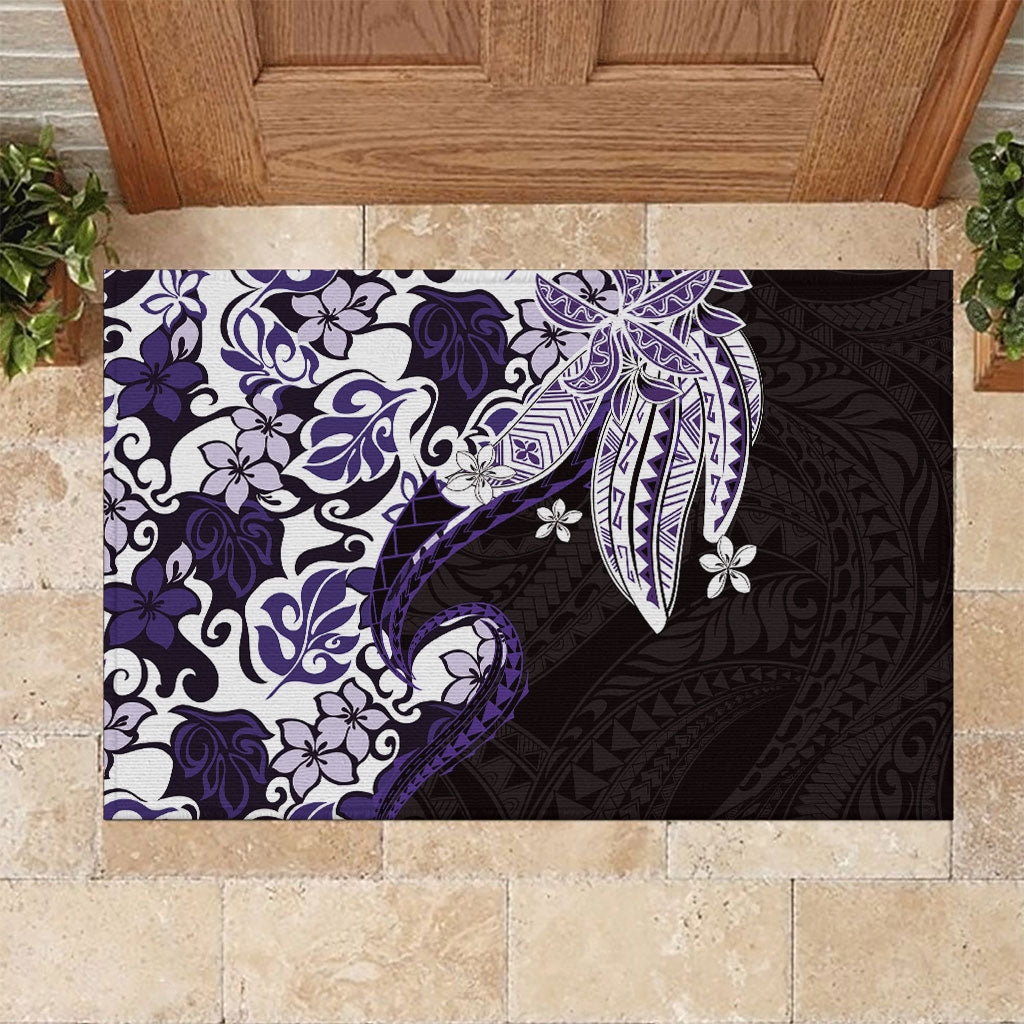 Monstera Plumeria Flowers Purple Rubber Doormat Polynesian Pattern