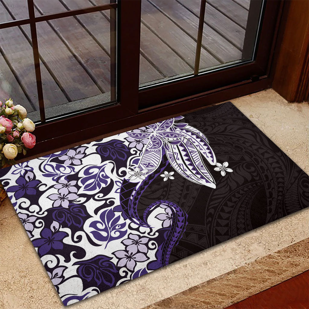 Monstera Plumeria Flowers Purple Rubber Doormat Polynesian Pattern