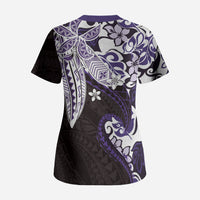 Monstera Plumeria Flowers Purple Scrub Top Polynesian Pattern