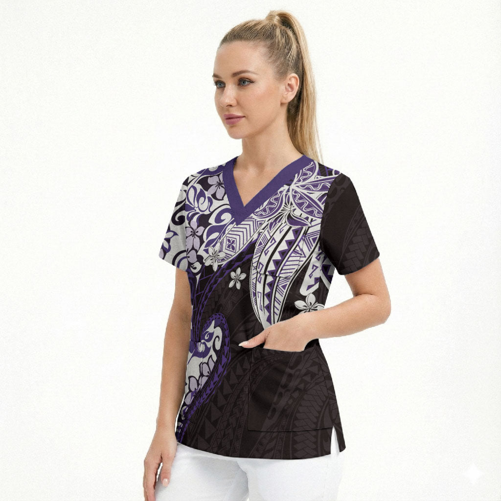 Monstera Plumeria Flowers Purple Scrub Top Polynesian Pattern