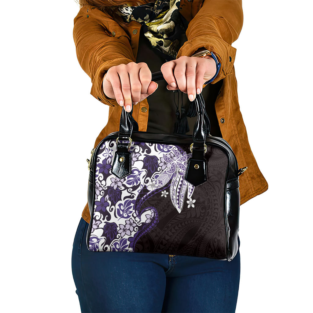 Monstera Plumeria Flowers Purple Shoulder Handbag Polynesian Pattern