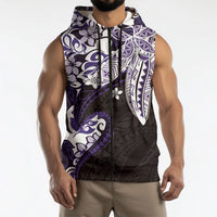 Monstera Plumeria Flowers Purple Sleeveless Zip Hoodie Polynesian Pattern