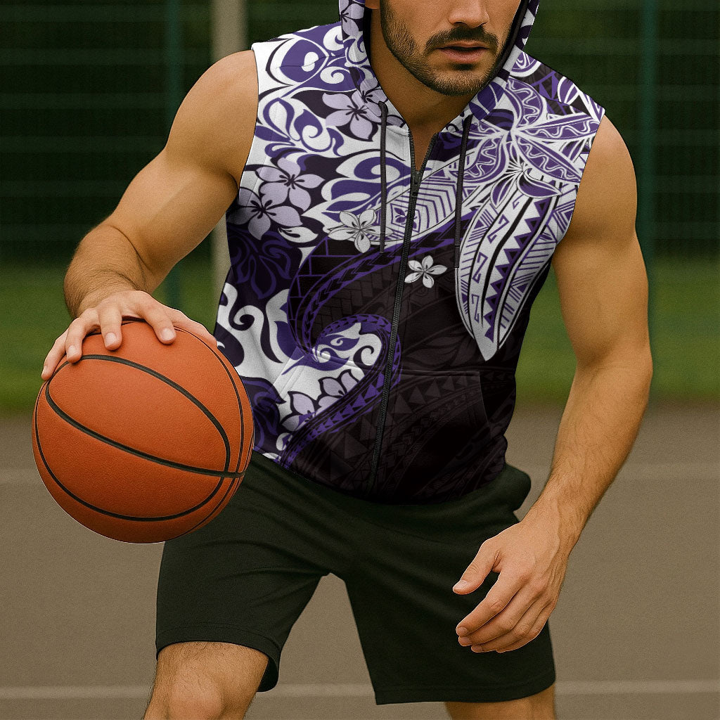 Monstera Plumeria Flowers Purple Sleeveless Zip Hoodie Polynesian Pattern