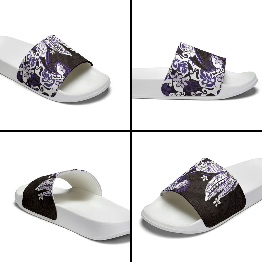 Monstera Plumeria Flowers Purple Slide Sandals Polynesian Pattern